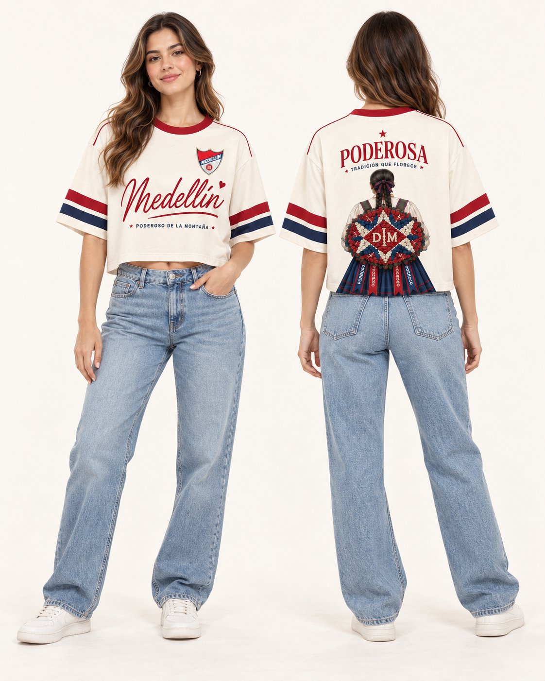 Independiente Medellín X Flores — Oversize corta mujer — frente y espalda