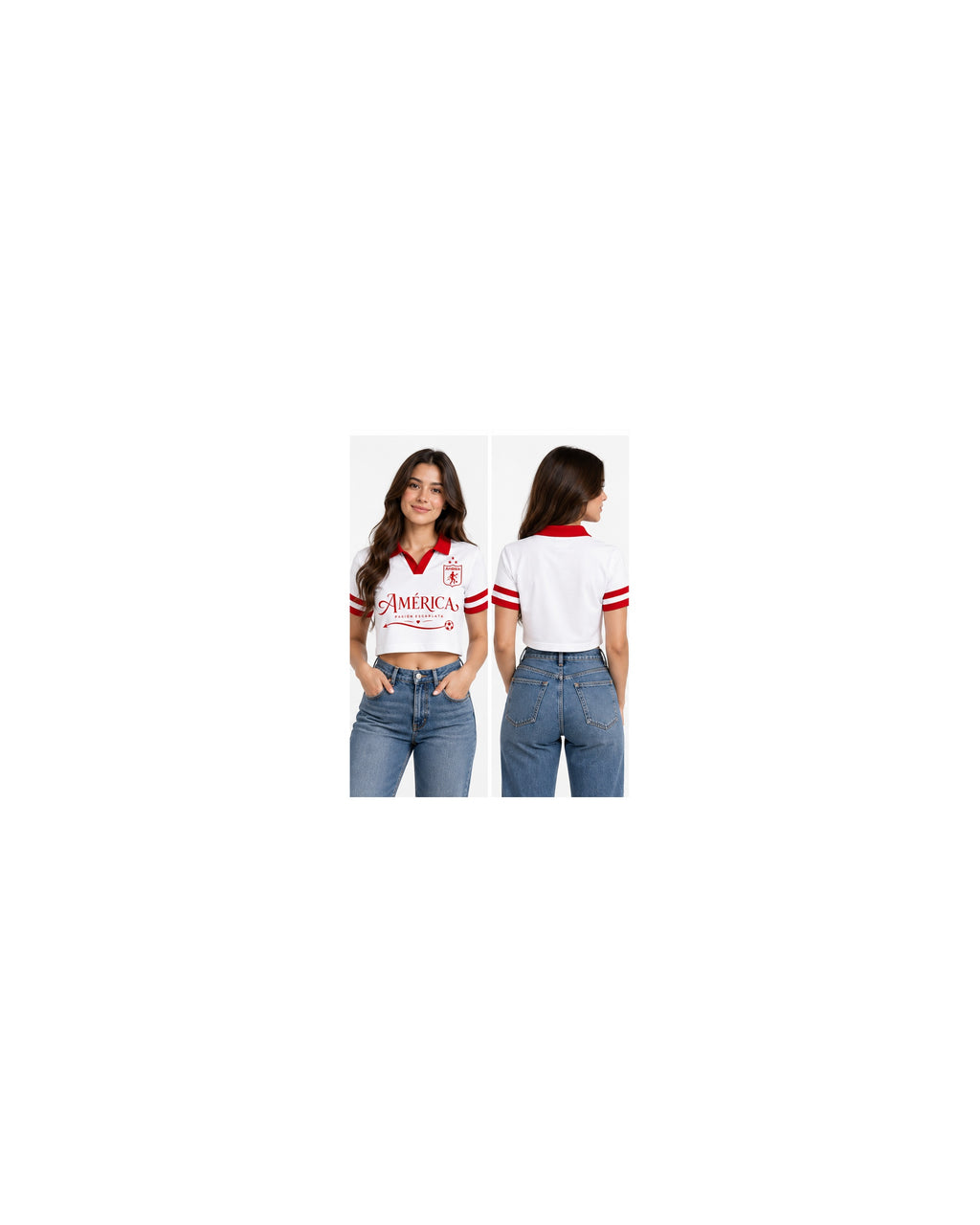 América De Cali X Flecha Escarlata — modelo mujer polo corta frente y espalda lisa