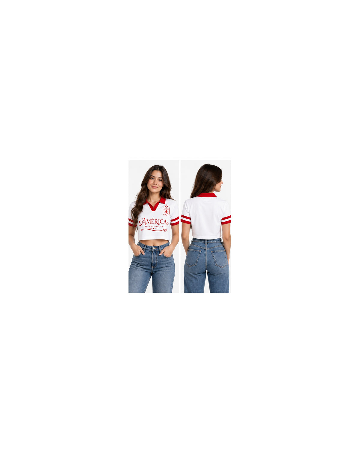 América De Cali X Flecha Escarlata — modelo mujer polo corta frente y espalda lisa