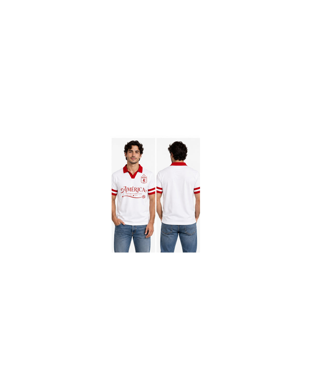 América De Cali X Flecha Escarlata — modelo hombre polo regular fit frente y espalda lisa