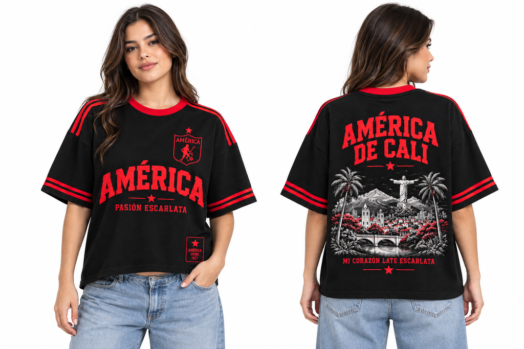 América de Cali Mi Corazón Late Escarlata — oversize larga mujer frente y espalda