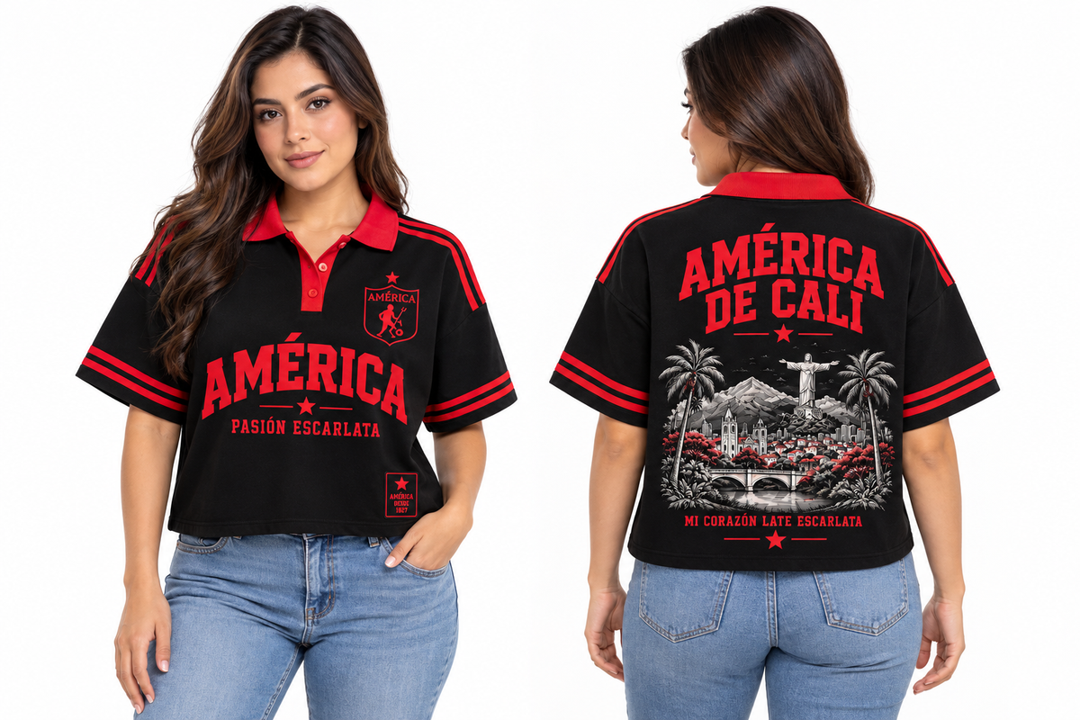 América de Cali Mi Corazón Late Escarlata — polo mujer frente y espalda