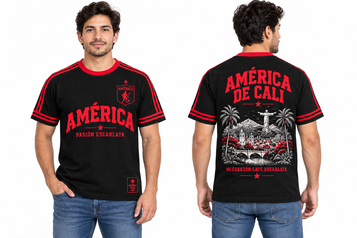 América de Cali Mi Corazón Late Escarlata — regular hombre frente y espalda