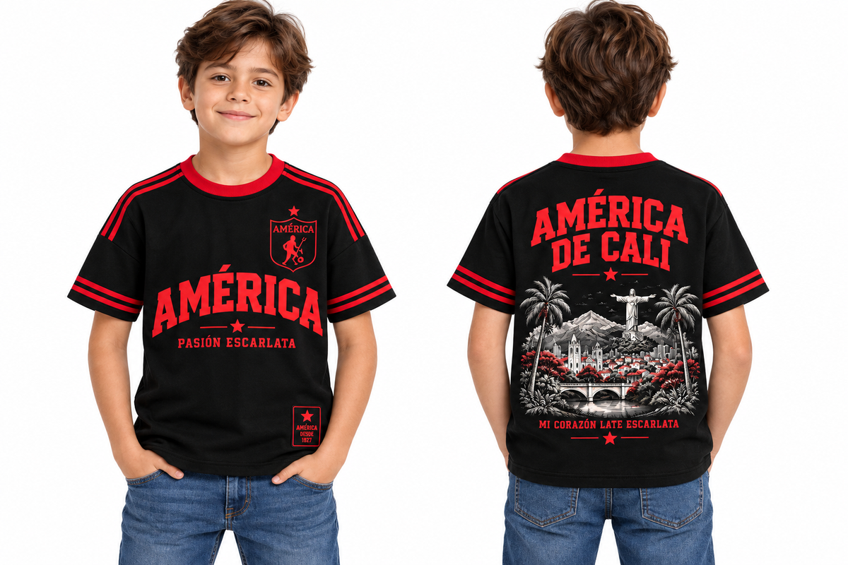América de Cali Mi Corazón Late Escarlata — niños frente y espalda