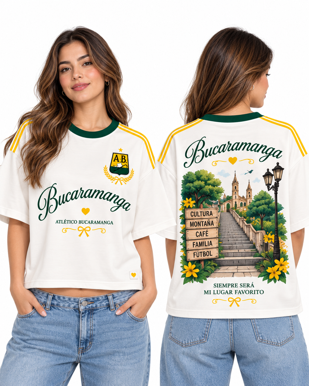 Atlético Bucaramanga Mi Lugar Favorito — Oversize larga mujer frente y espalda