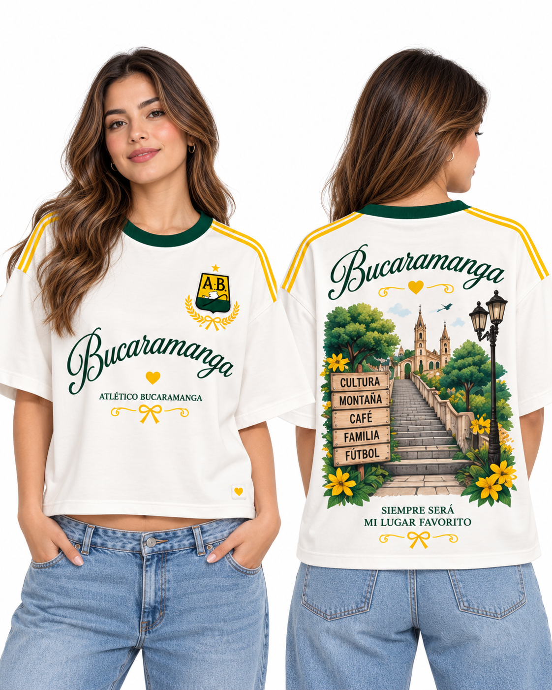 Atlético Bucaramanga Mi Lugar Favorito — Oversize larga mujer frente y espalda