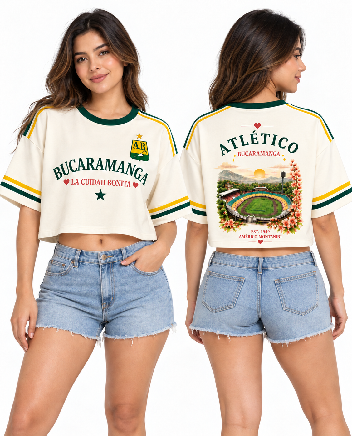 Atlético Bucaramanga Retro — oversize corta mujer frente y espalda