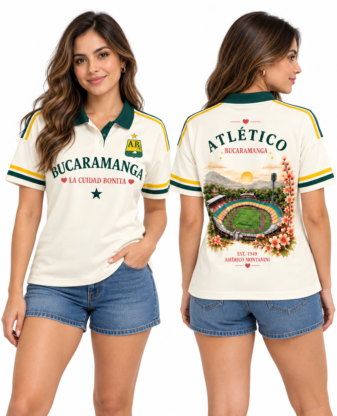 Atlético Bucaramanga Retro — polo mujer frente y espalda