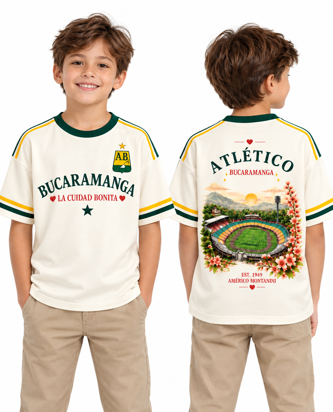 Atlético Bucaramanga Retro — niños frente y espalda