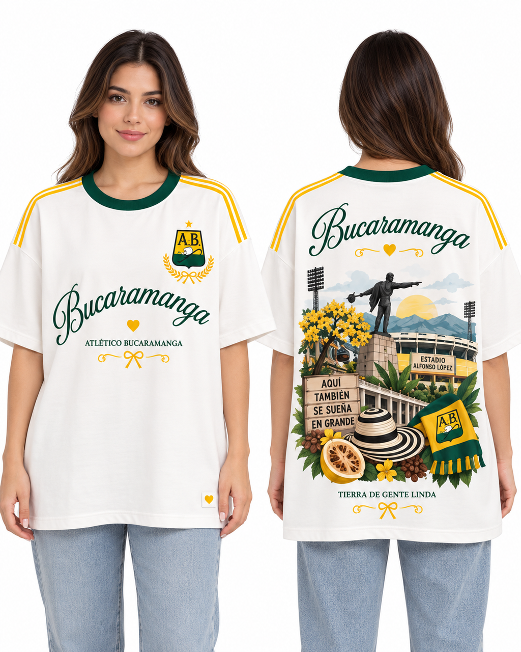 Atlético Bucaramanga Tierra de Gente Linda — Oversize larga mujer frente y espalda