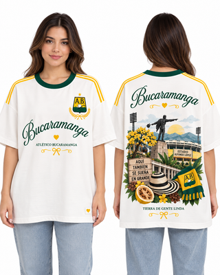 Atlético Bucaramanga Tierra de Gente Linda — Oversize larga mujer frente y espalda