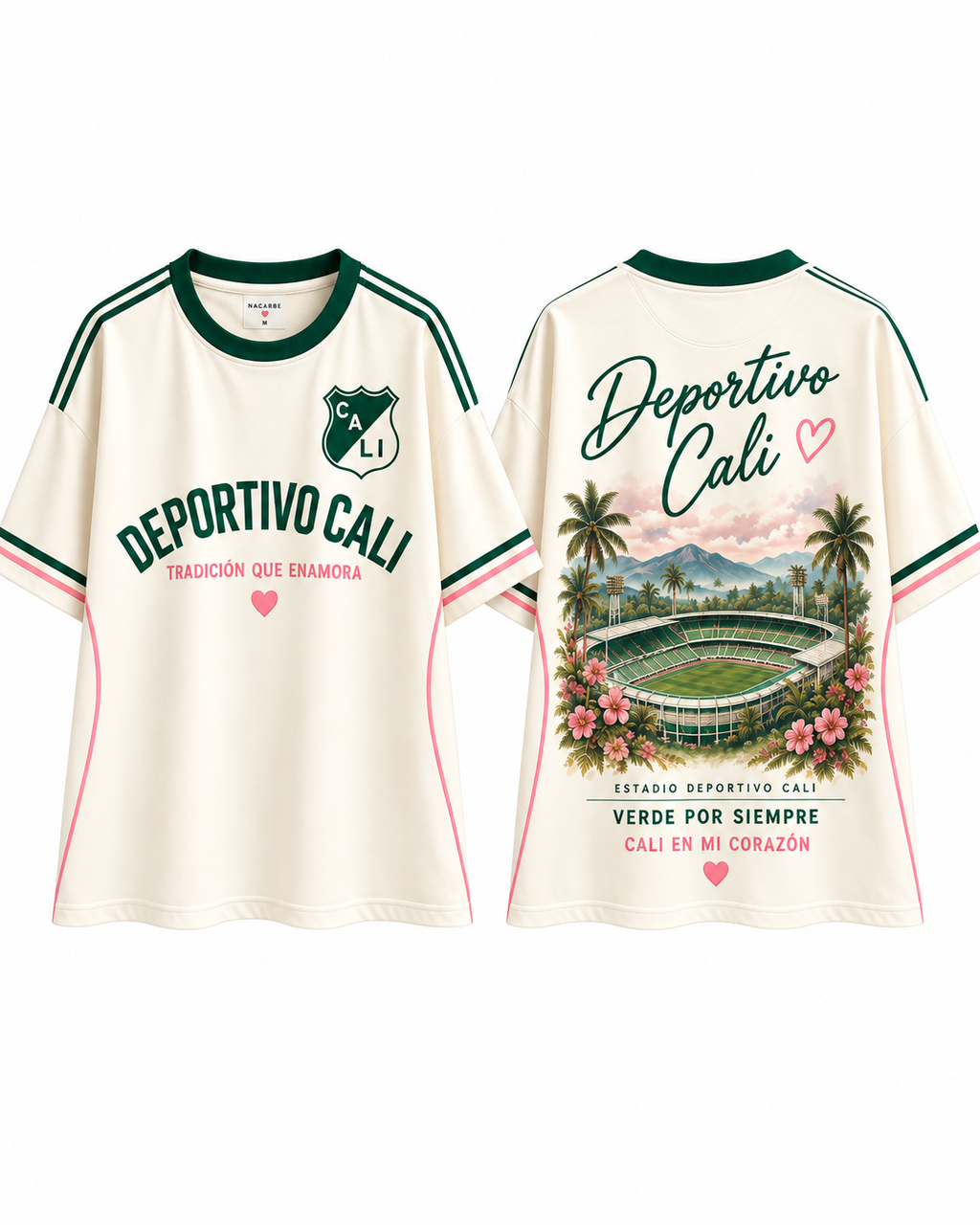 Deportivo Cali Verde Por Siempre crema y rosa — prenda sola frente y espalda