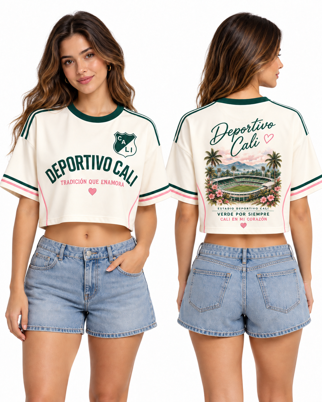Deportivo Cali Verde Por Siempre — Oversize corta mujer frente y espalda