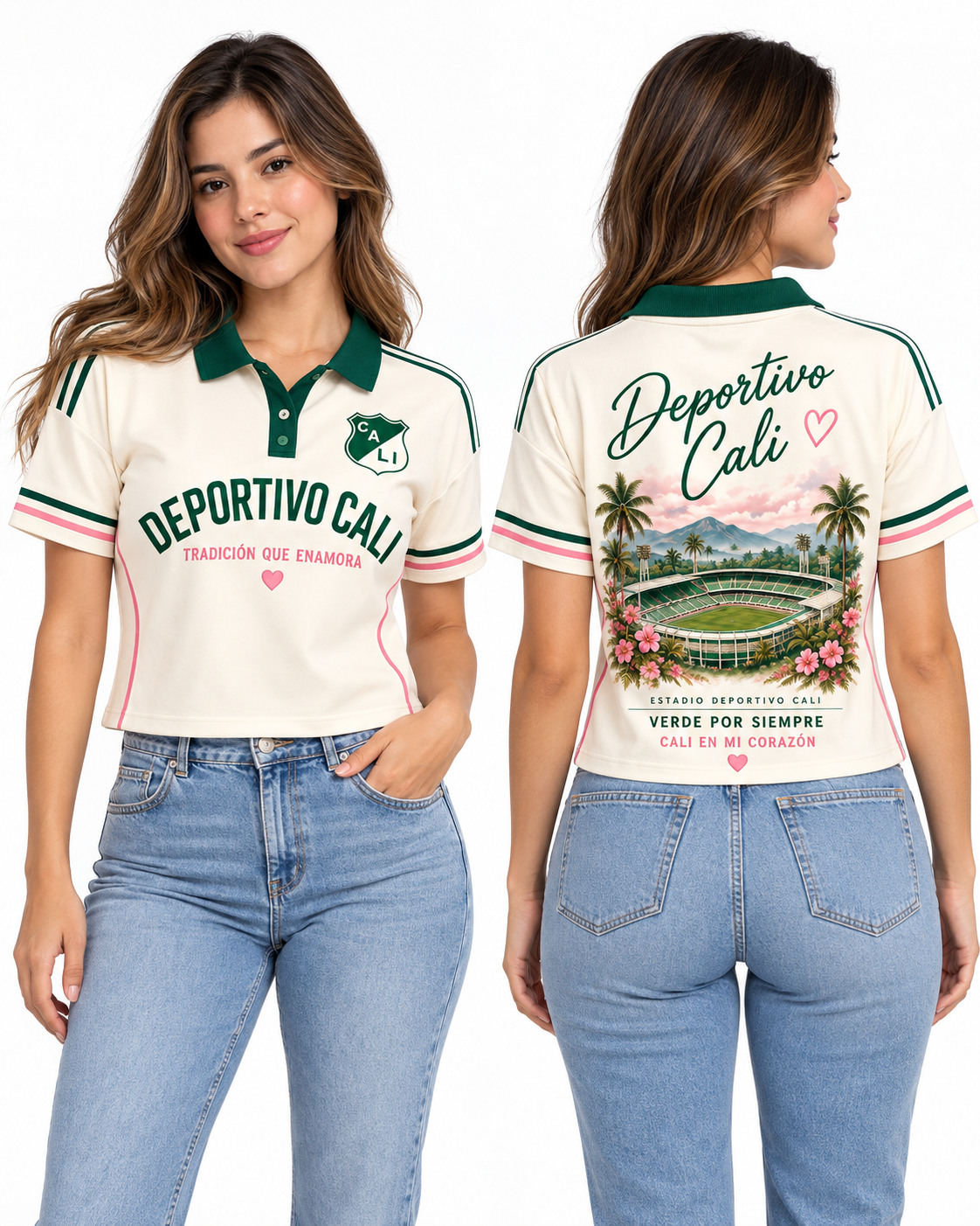 Deportivo Cali Verde Por Siempre — Polo corta mujer frente y espalda