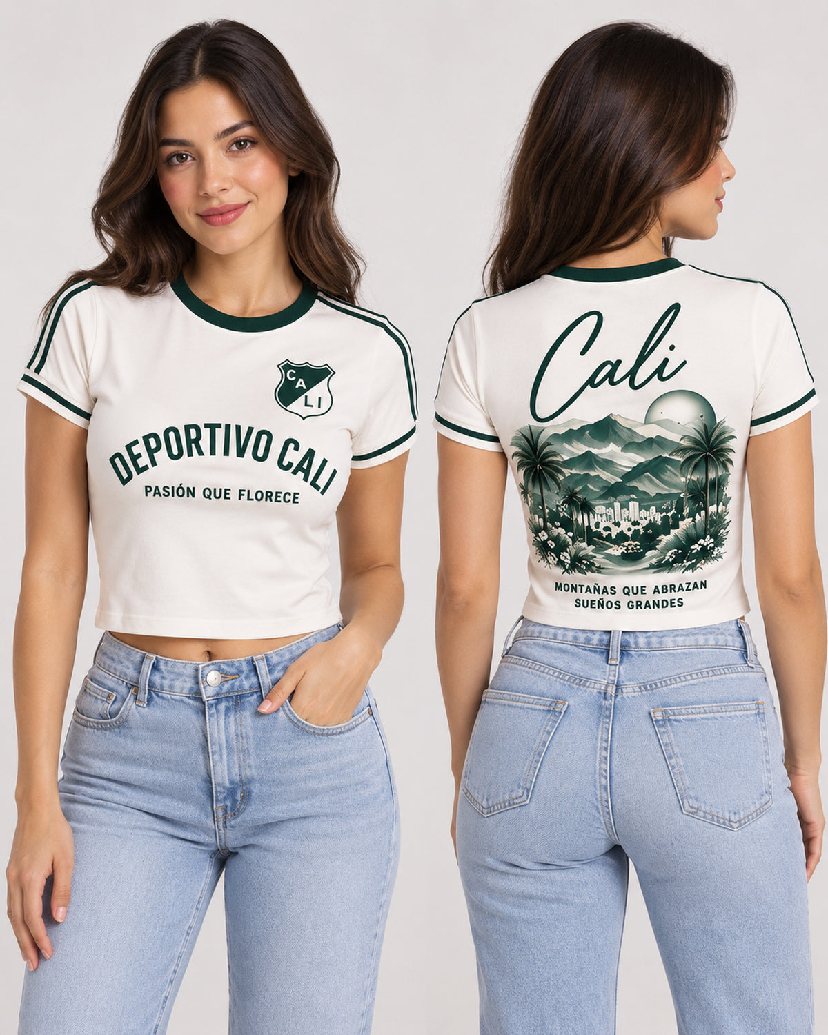 Deportivo Cali X Montañas Que Abrazan — baby tee mujer