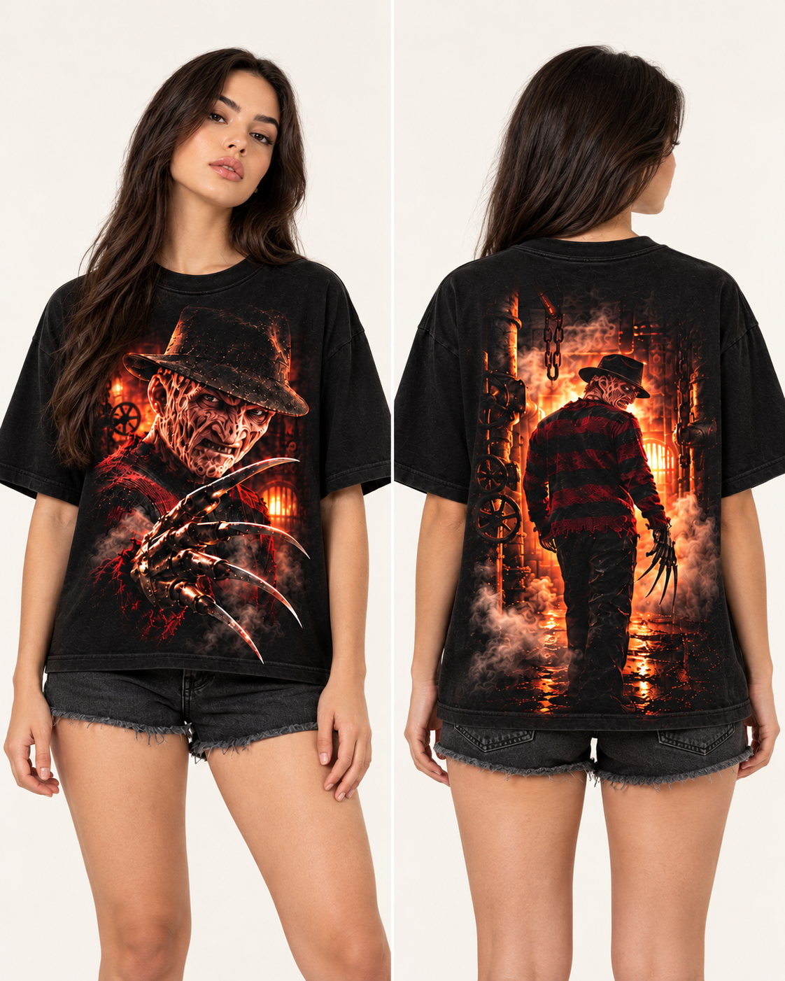 Freddy Krueger X Fuego Nocturno — Oversize larga mujer Negro — frente y espalda
