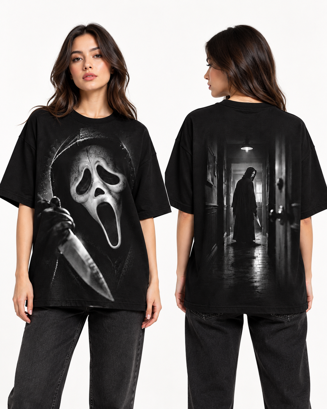 Ghostface X Última Llamada — Oversize larga mujer Negro — frente y espalda