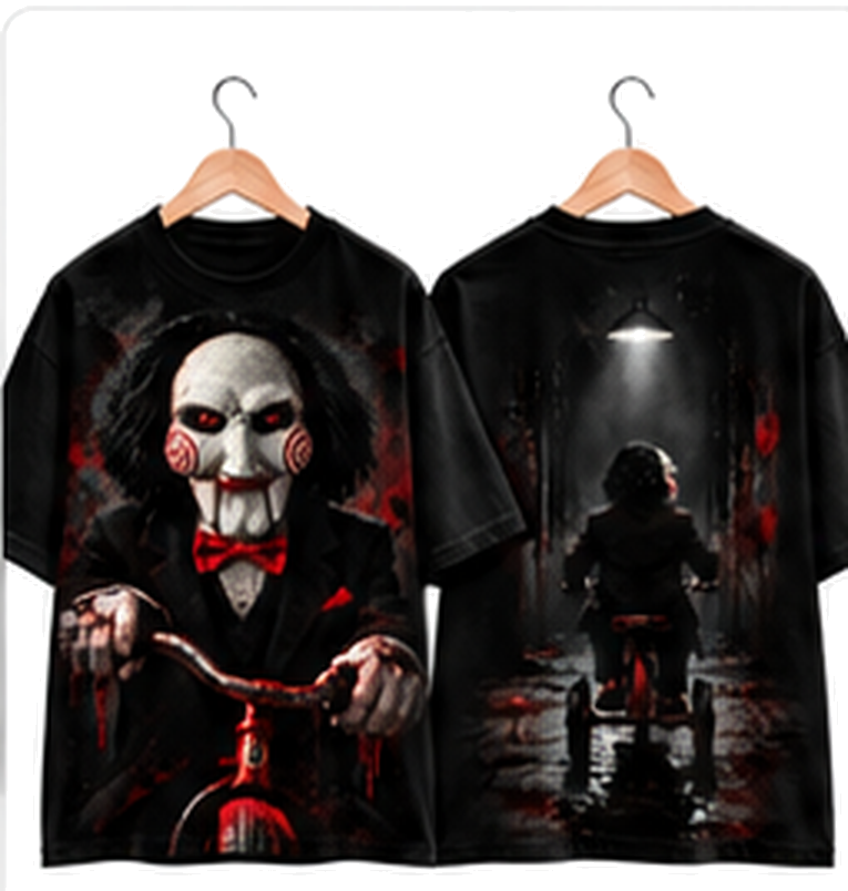 Jigsaw camiseta negra frente y espalda sin modelo