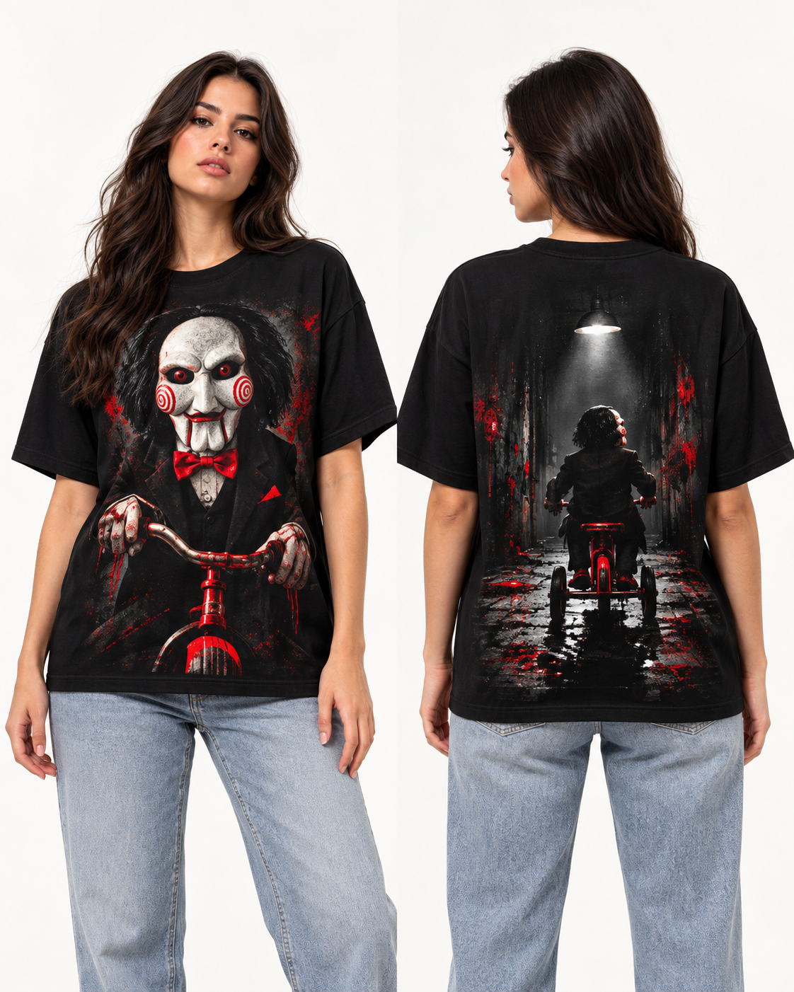 Jigsaw X Última Jugada — Oversize larga mujer Negro — frente y espalda