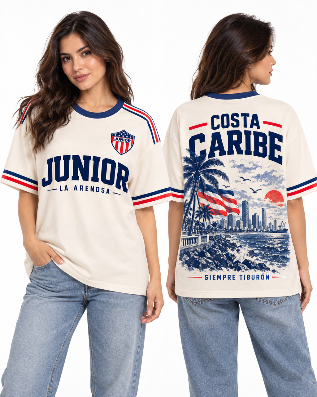 Junior Costa Caribe — Oversize larga mujer frente y espalda