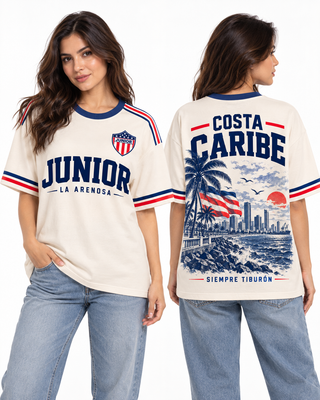 Junior Costa Caribe — Oversize larga mujer frente y espalda