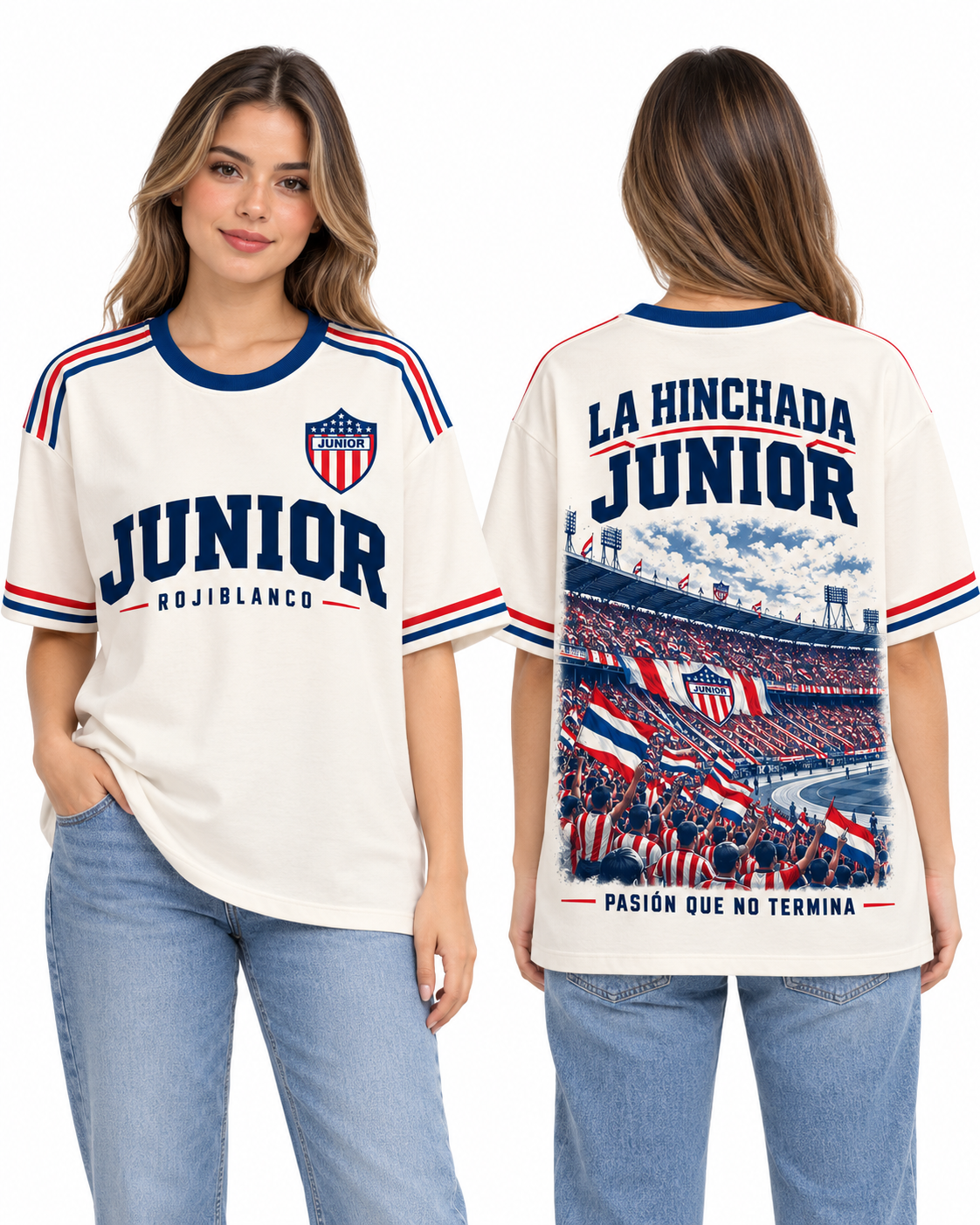 Junior Orgullo Rojiblanco — Oversize larga mujer frente y espalda
