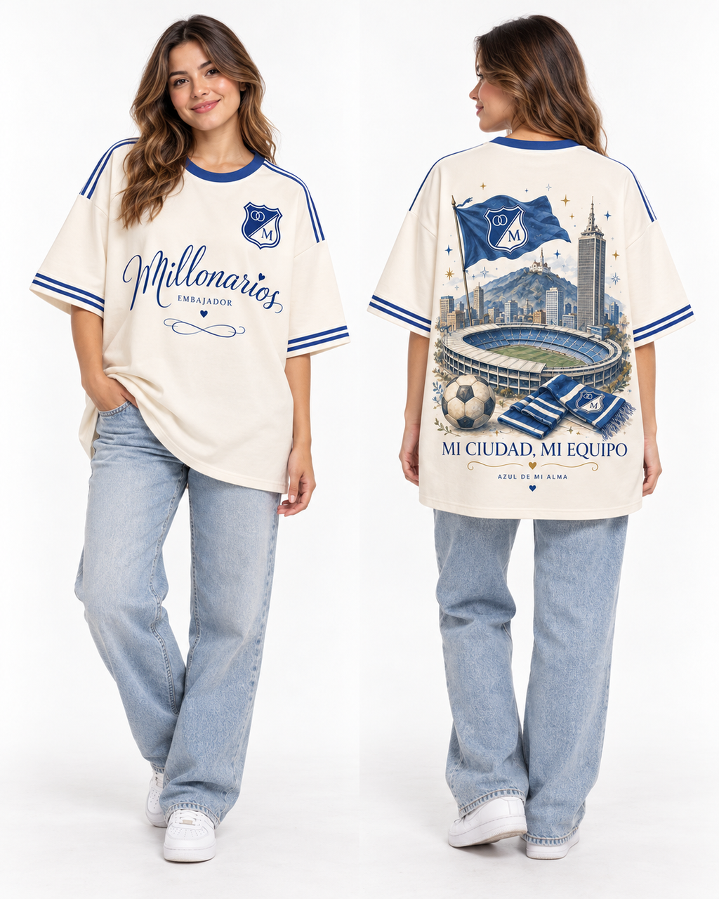 Millonarios · Bandera Capital — Oversize larga mujer, frente y espalda