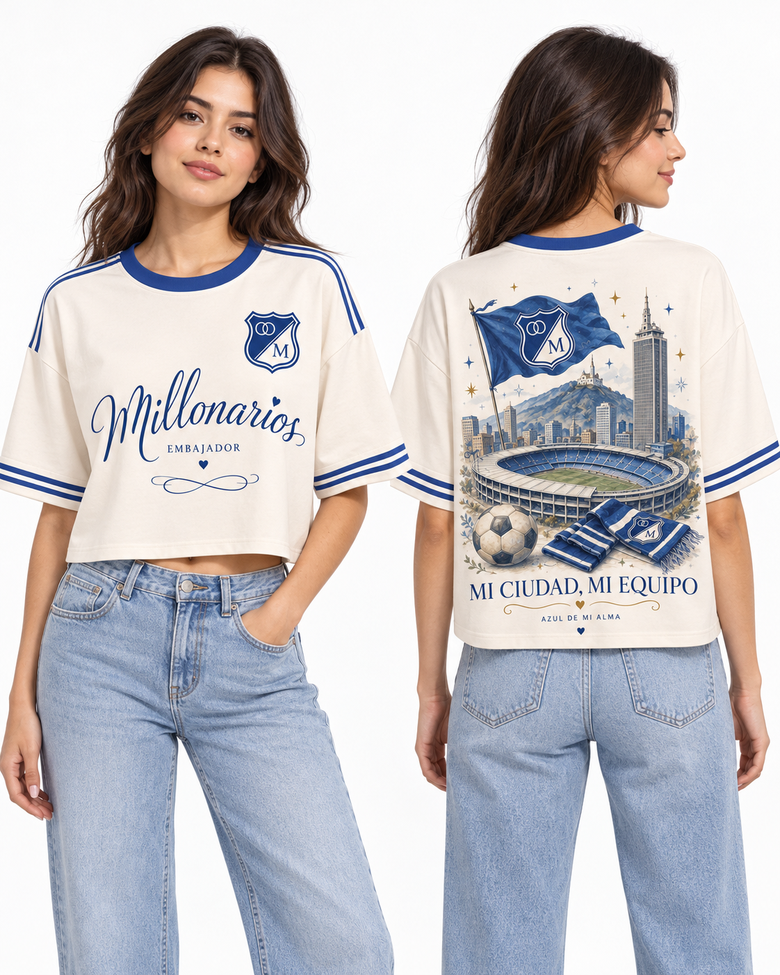 Millonarios · Bandera Capital — Oversize corta mujer, frente y espalda