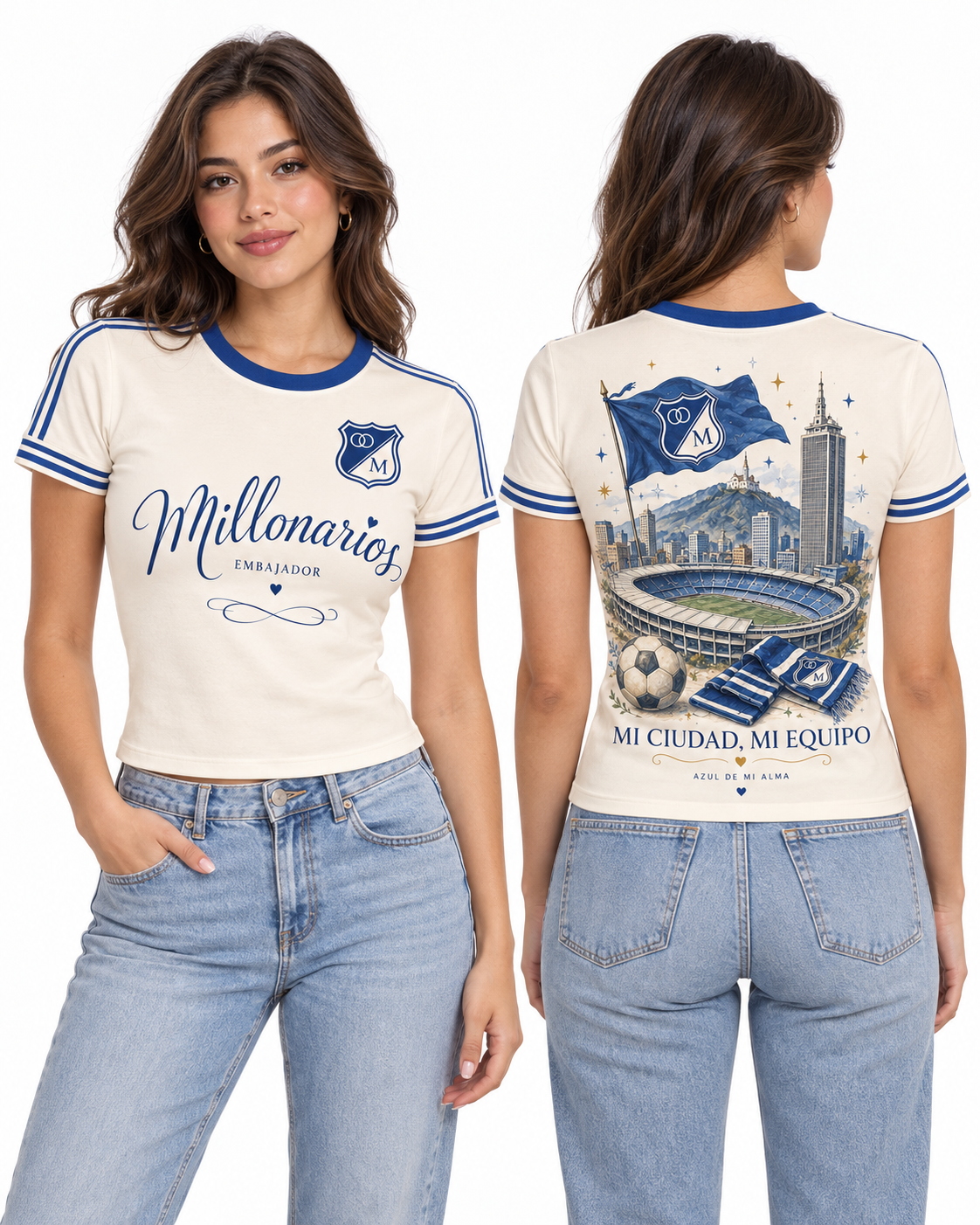 Millonarios · Bandera Capital — baby tee mujer, frente y espalda