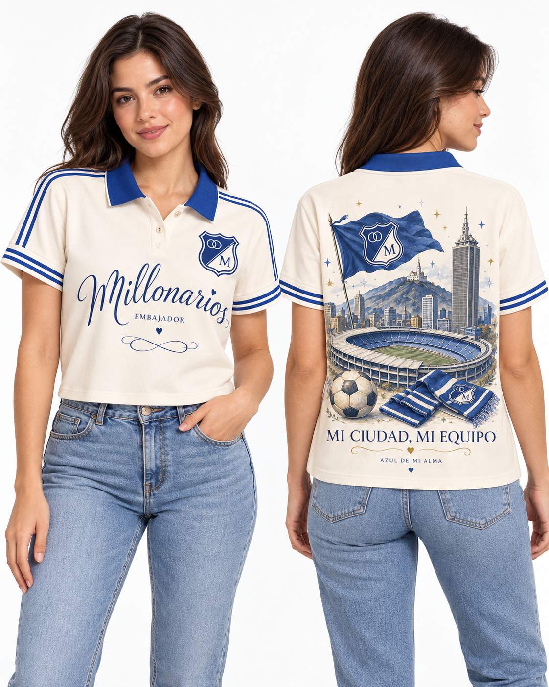 Millonarios · Bandera Capital — Polo corta mujer, frente y espalda