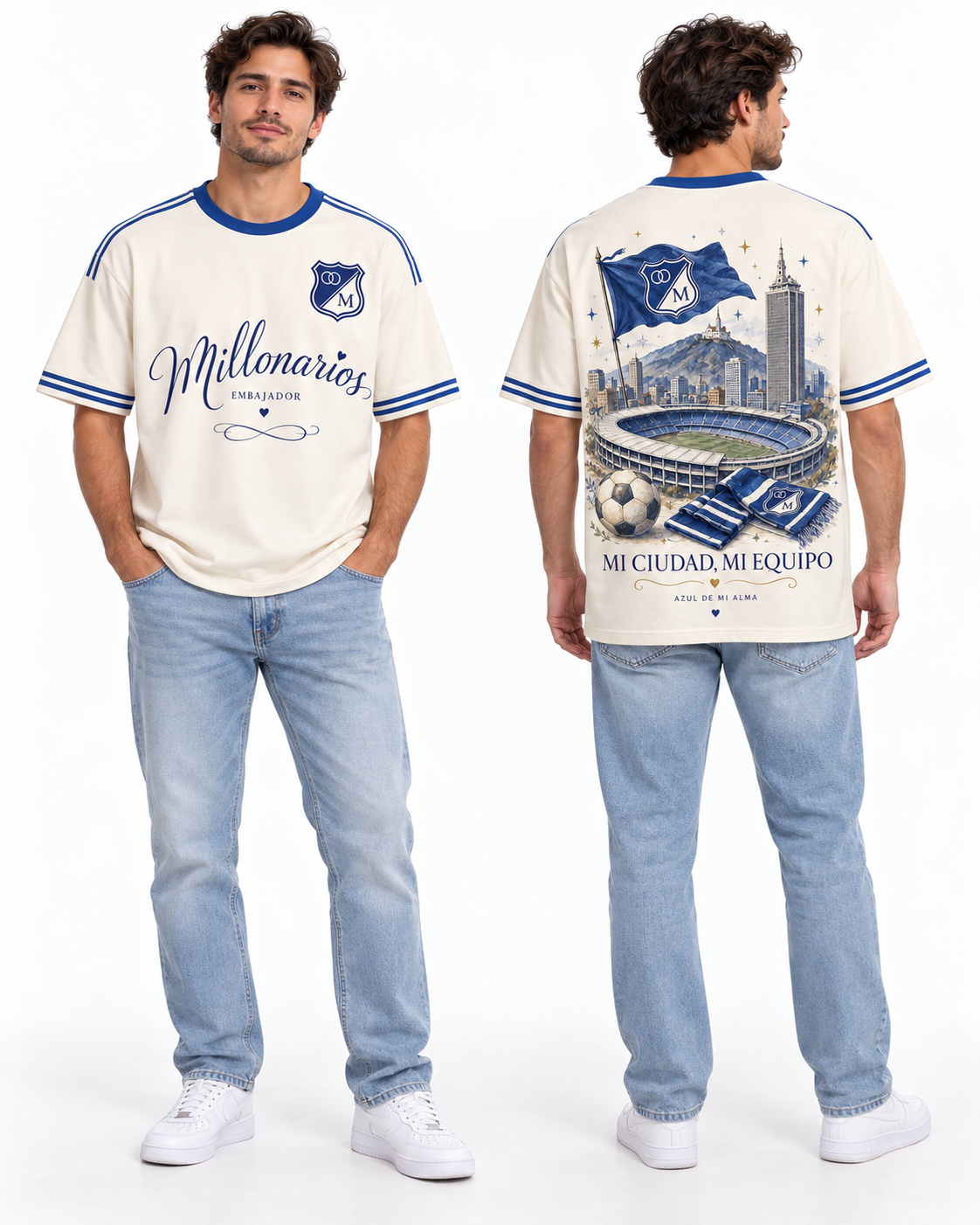 Millonarios · Bandera Capital — Regular fit hombre, frente y espalda