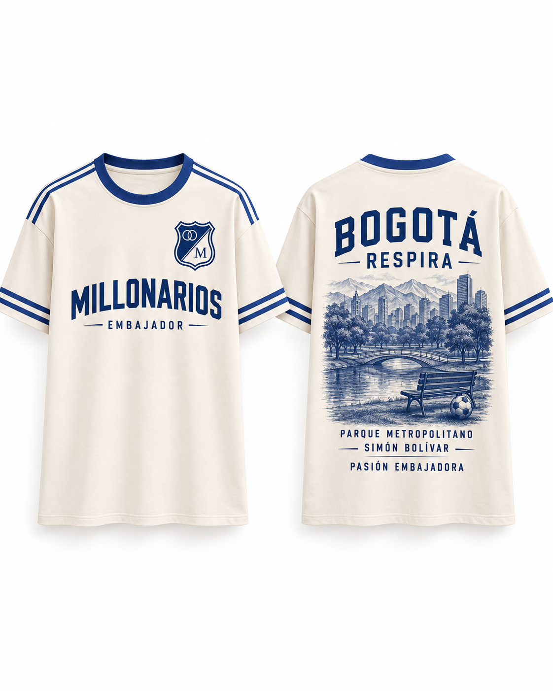 Millonarios · Bogotá Respira Azul, vista frontal y trasera