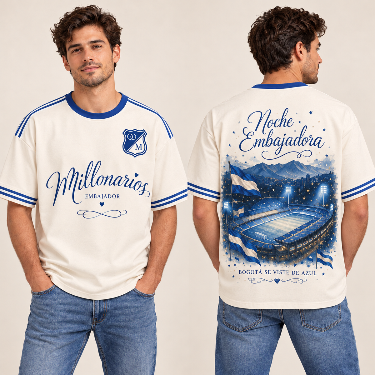 Millonarios · Noche embajadora — Regular fit hombre frente y espalda