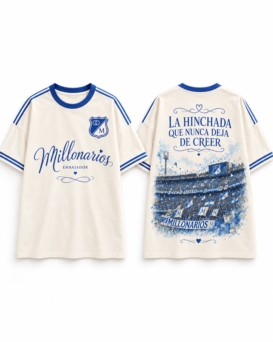 Millonarios · Nunca Deja de Creer — Prenda sola, frente y espalda
