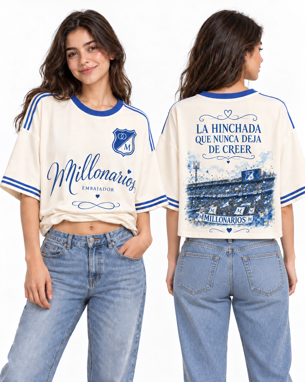 Millonarios · Nunca Deja de Creer — Oversize larga mujer, frente y espalda