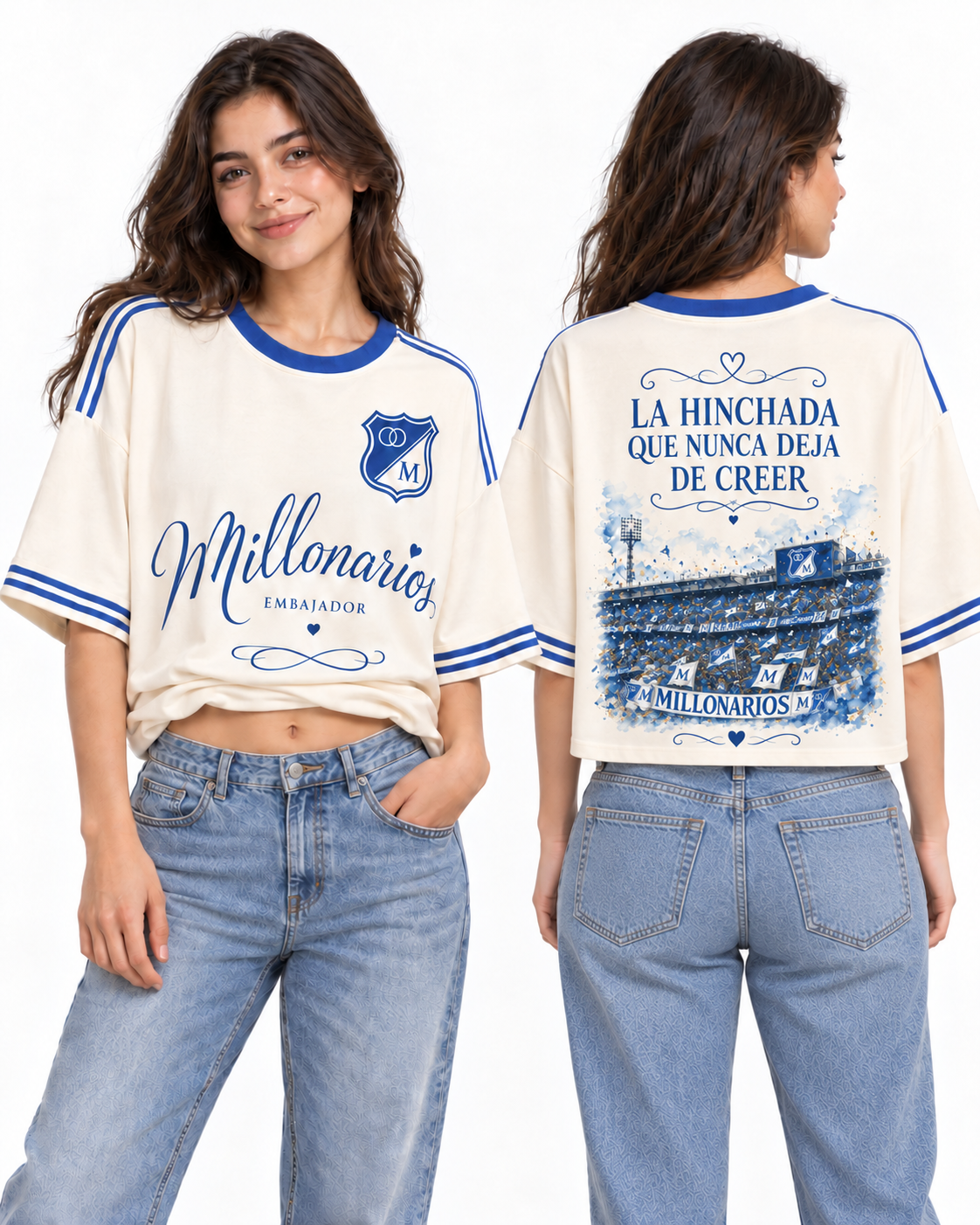 Millonarios · Nunca Deja de Creer — Oversize larga mujer, frente y espalda