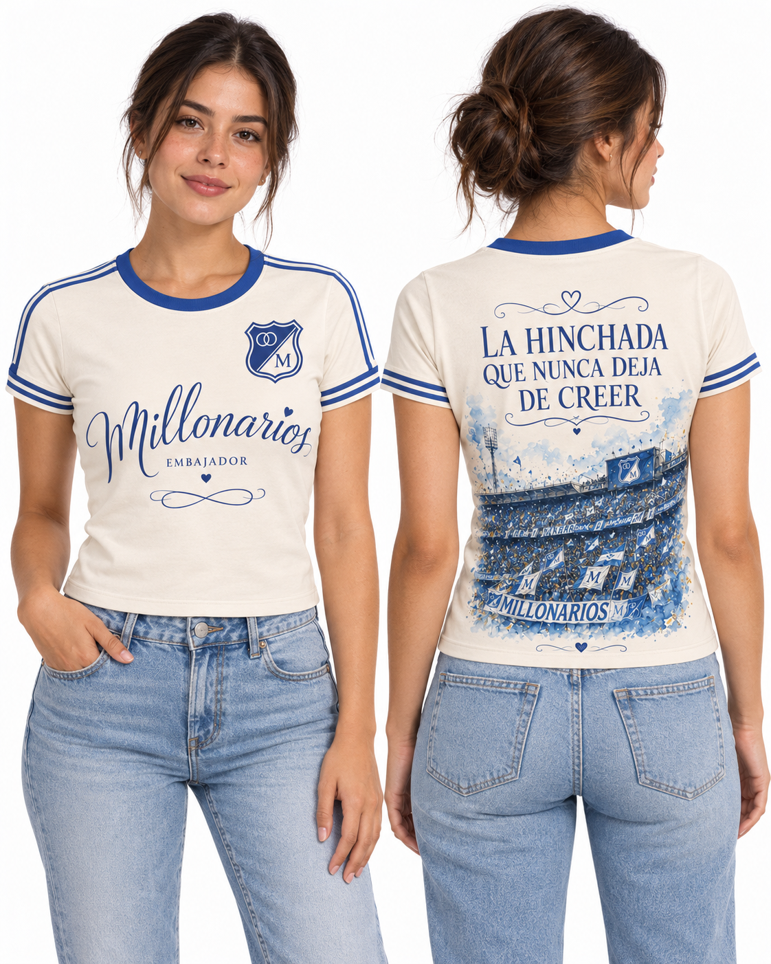 Millonarios · Nunca Deja de Creer — baby tee mujer, frente y espalda