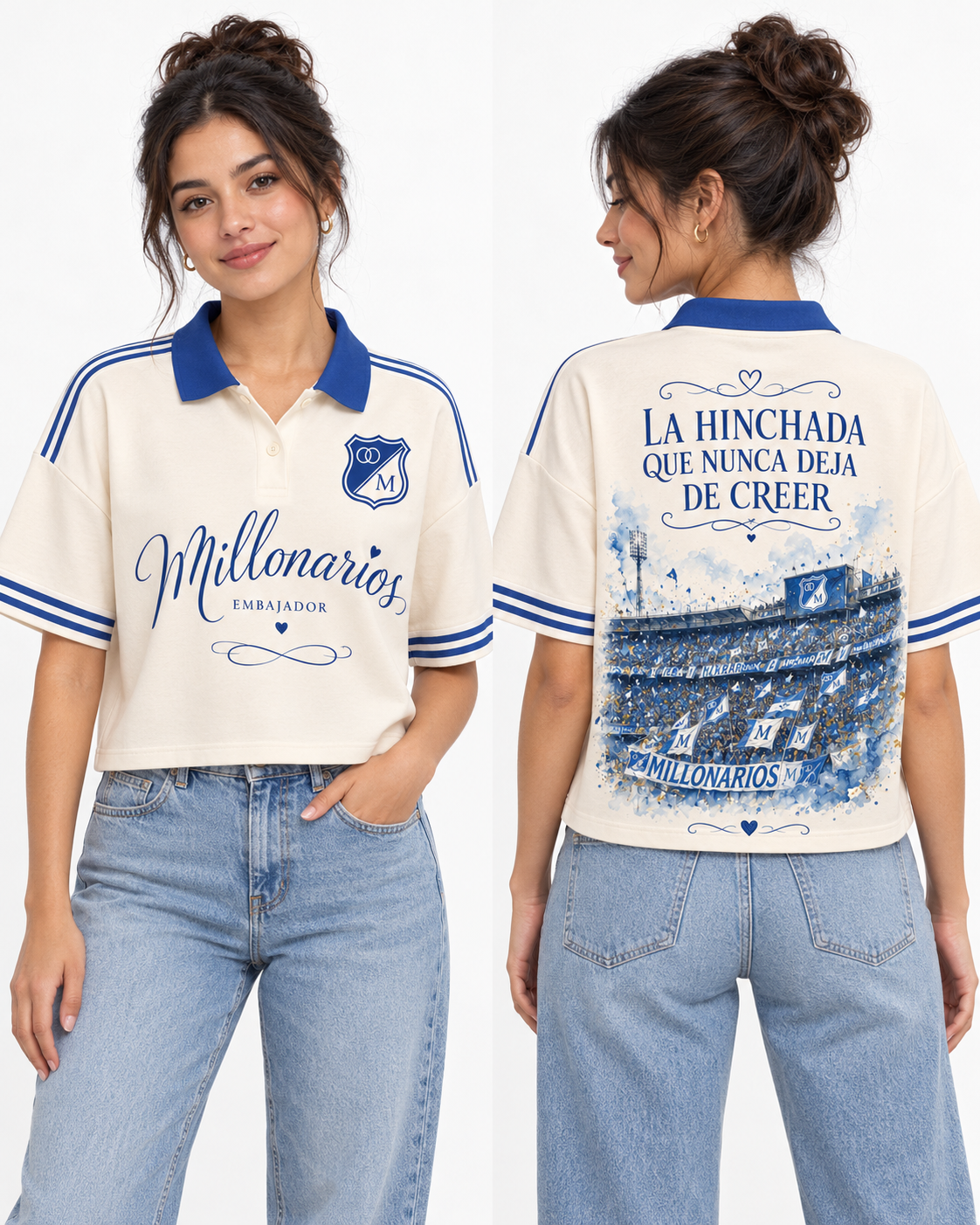 Millonarios · Nunca Deja de Creer — Polo corta mujer, frente y espalda
