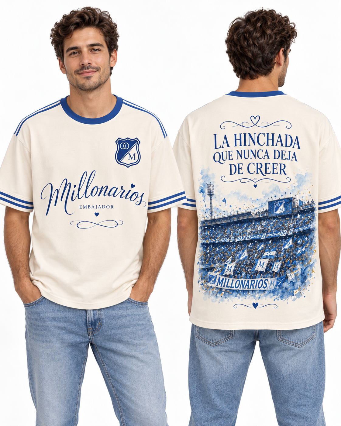 Millonarios · Nunca Deja de Creer — Regular fit hombre, frente y espalda