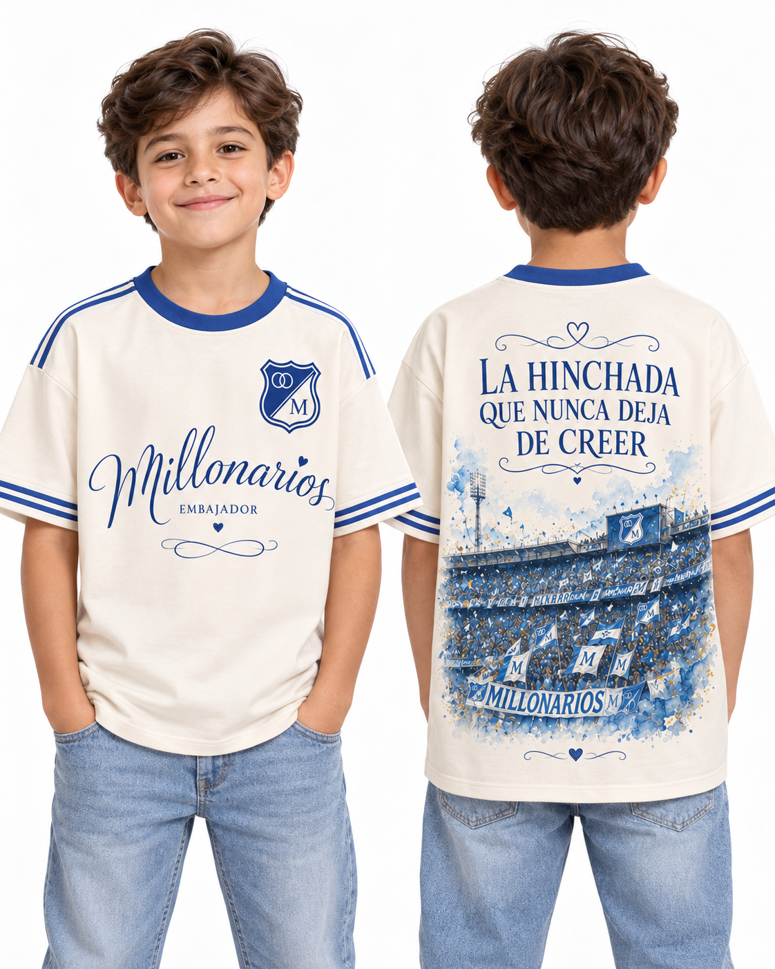 Millonarios · Nunca Deja de Creer — Niños, frente y espalda