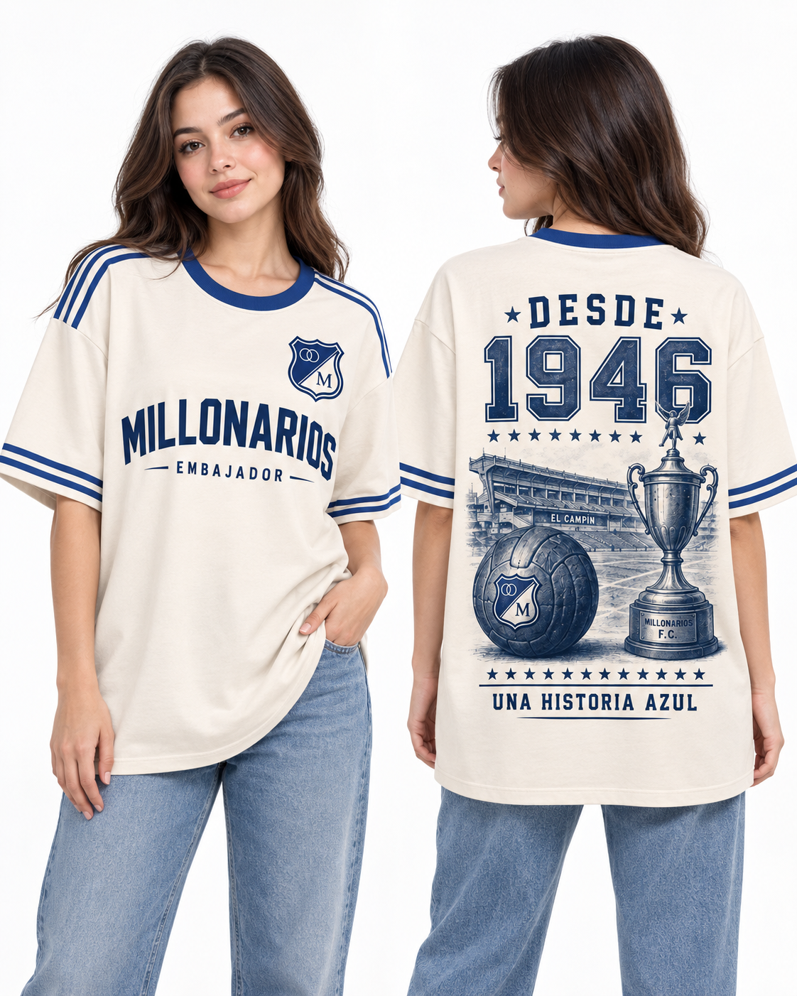 Millonarios · Una Historia Azul, vista frontal y trasera