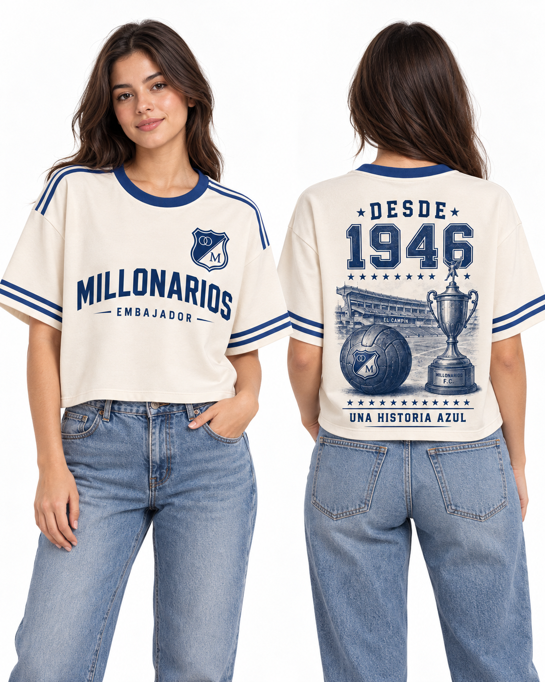 Millonarios · Una Historia Azul, vista frontal y trasera
