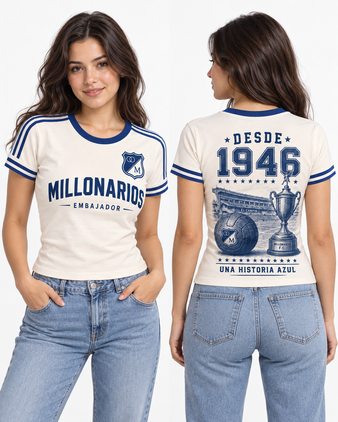 Millonarios · Una Historia Azul, vista frontal y trasera