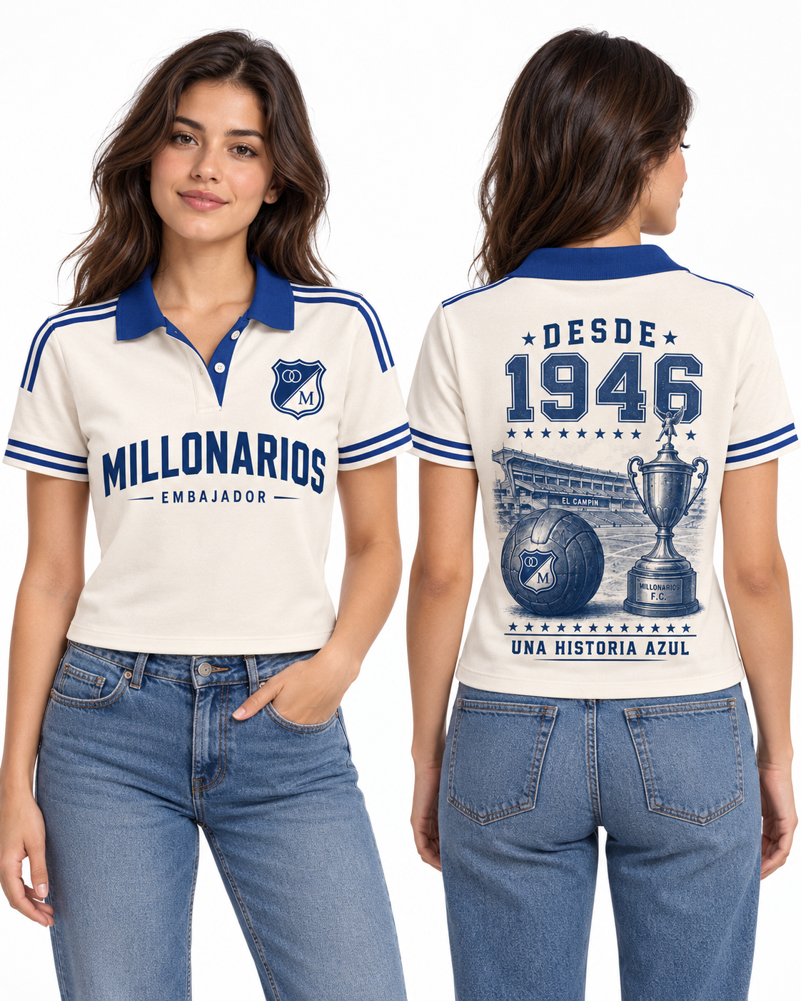 Millonarios · Una Historia Azul, vista frontal y trasera