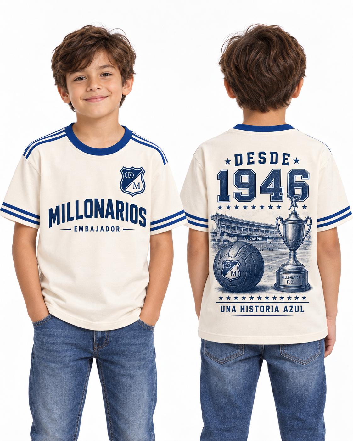 Millonarios · Una Historia Azul, vista frontal y trasera