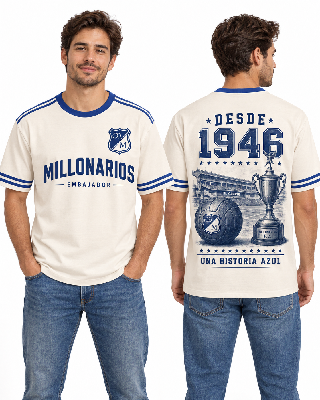 Millonarios · Una Historia Azul, vista frontal y trasera