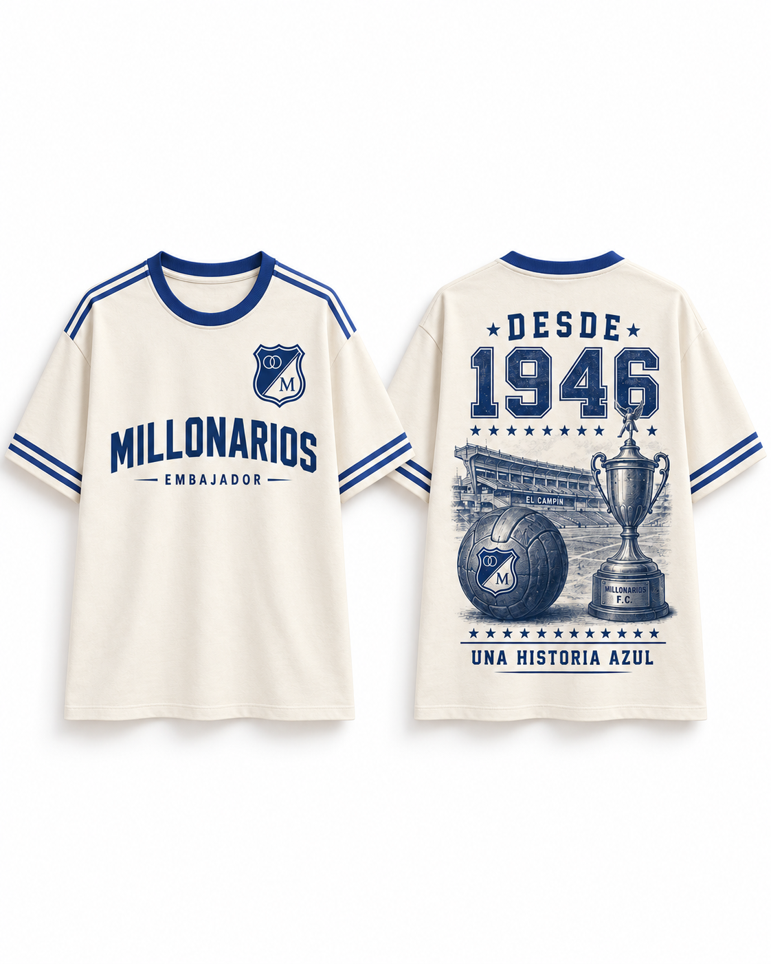 Millonarios · Una Historia Azul, vista frontal y trasera