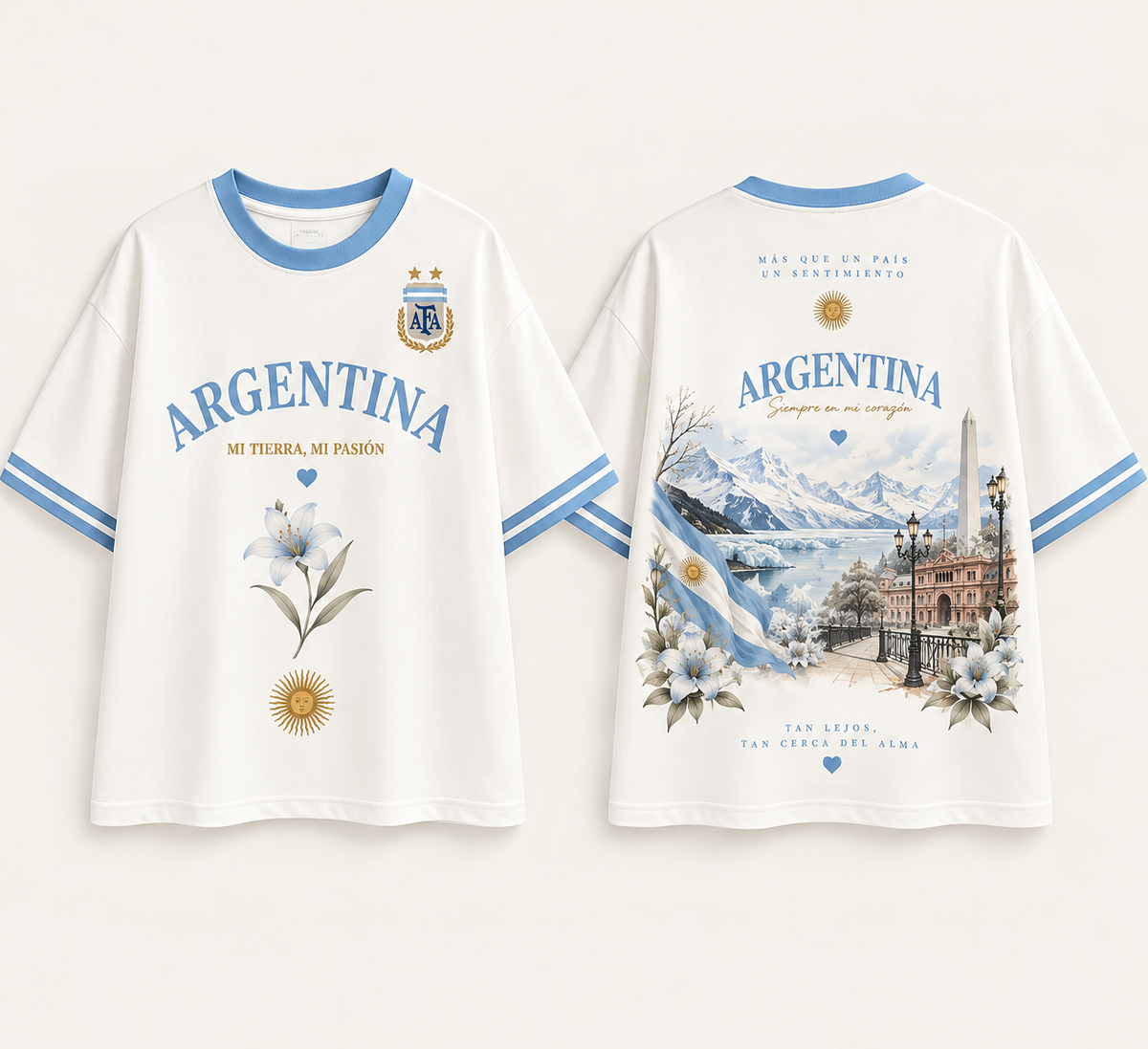 OVER ARGENTINA - camiseta frente y espalda, diseño argentino con nieve y Buenos Aires