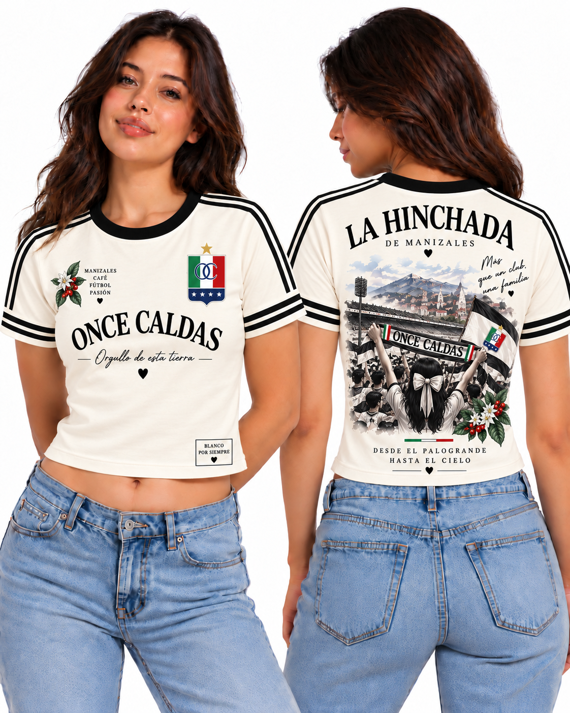 Once Caldas · La Hinchada de Manizales, vista frontal y trasera