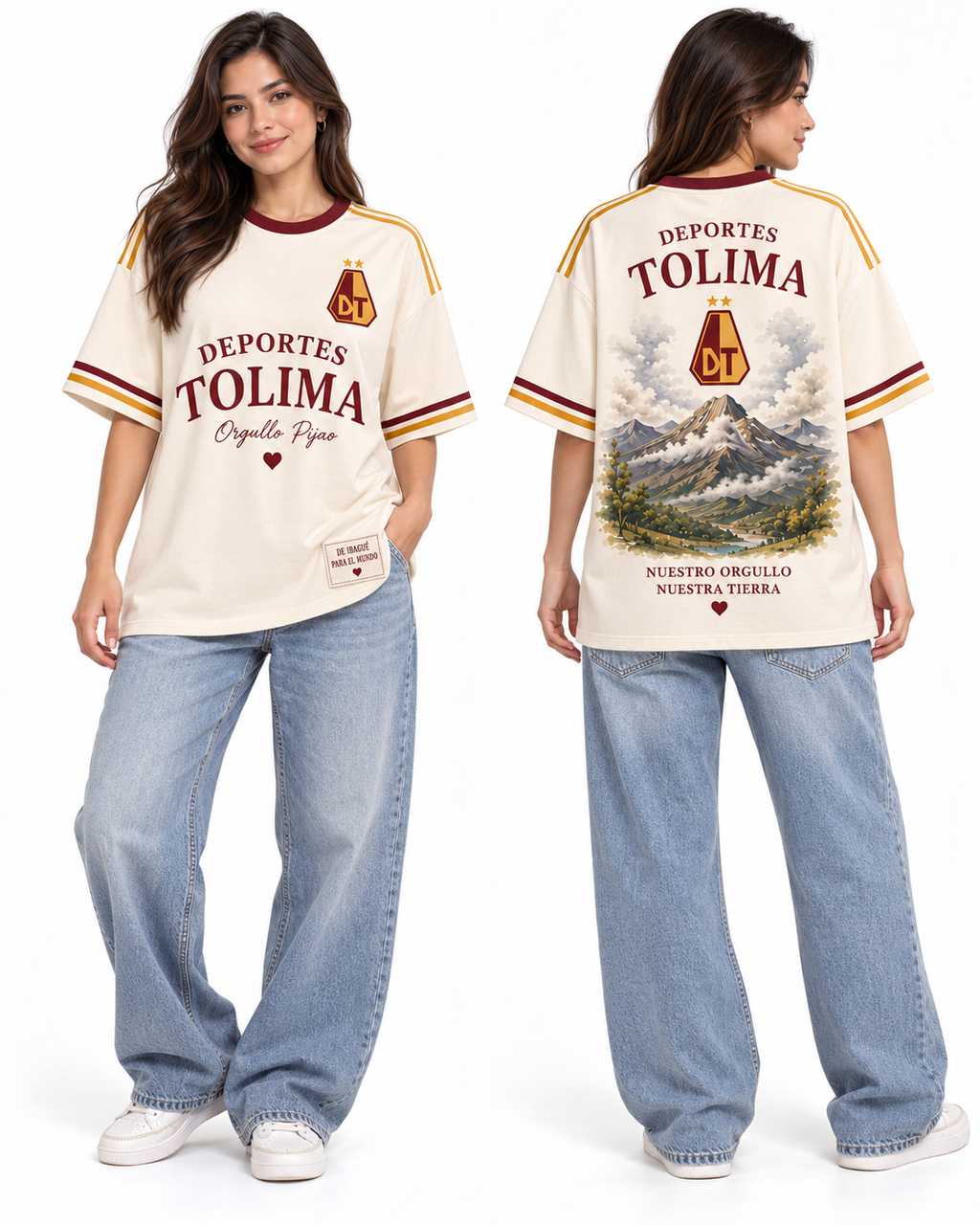 Deportes Tolima Nuestro Orgullo — Oversize larga mujer frente y espalda